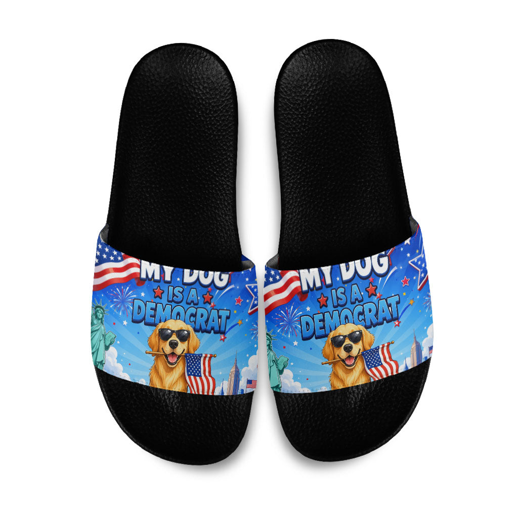 My Dog Is A Democrat Slide Sandals Golden Retriever Patriotic American Flag Graphic