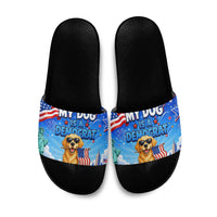 My Dog Is A Democrat Slide Sandals Golden Retriever Patriotic American Flag Graphic