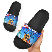 My Dog Is A Democrat Slide Sandals Golden Retriever Patriotic American Flag Graphic