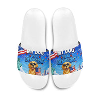 My Dog Is A Democrat Slide Sandals Golden Retriever Patriotic American Flag Graphic