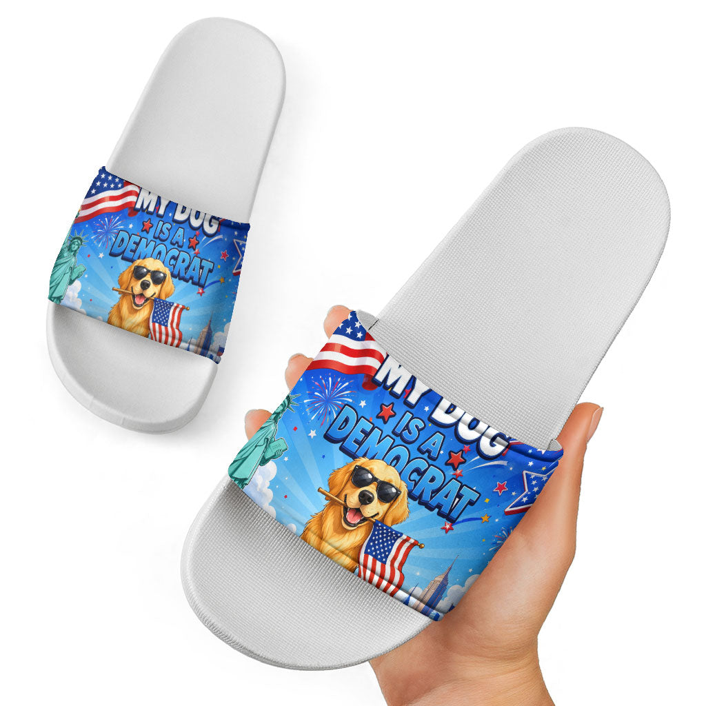 My Dog Is A Democrat Slide Sandals Golden Retriever Patriotic American Flag Graphic