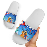 My Dog Is A Democrat Slide Sandals Golden Retriever Patriotic American Flag Graphic