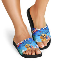 My Dog Is A Democrat Slide Sandals Golden Retriever Patriotic American Flag Graphic