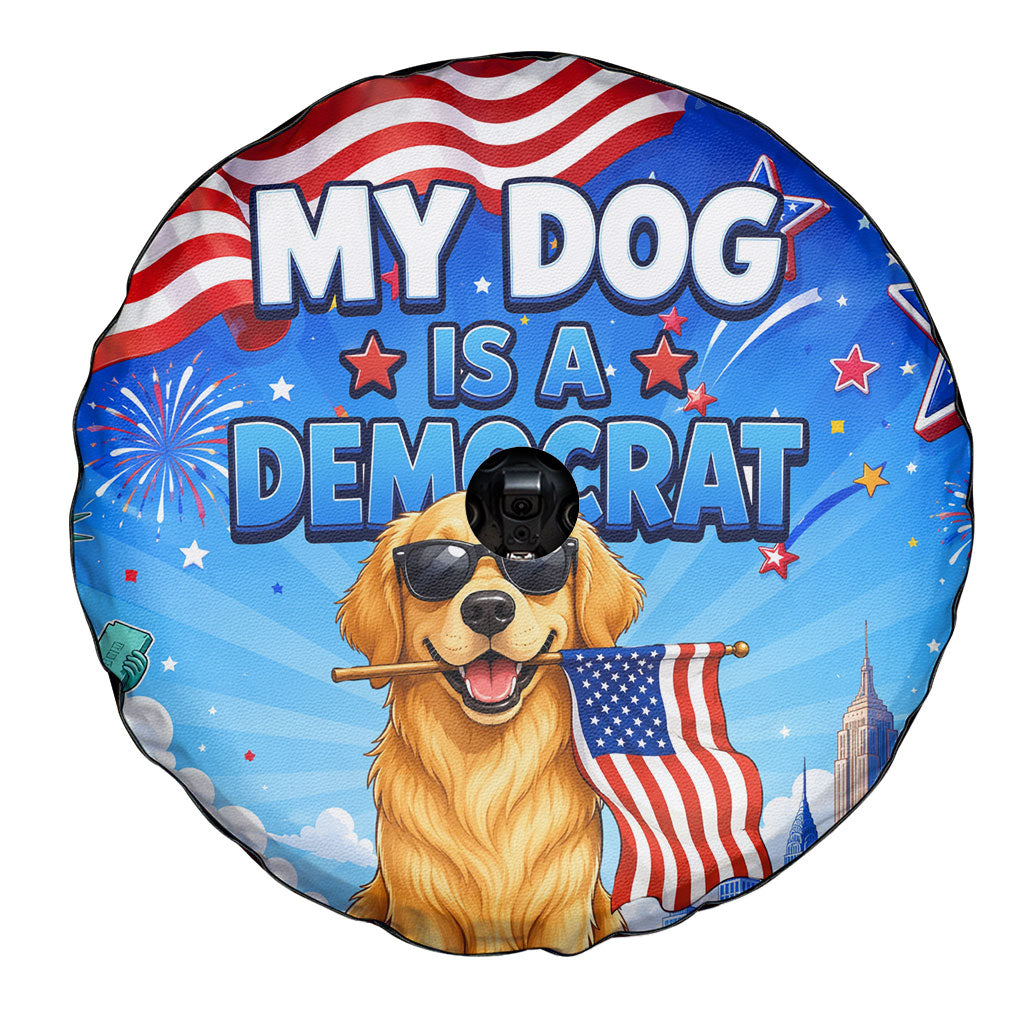 My Dog Is A Democrat Spare Tire Cover Golden Retriever Patriotic American Flag Graphic
