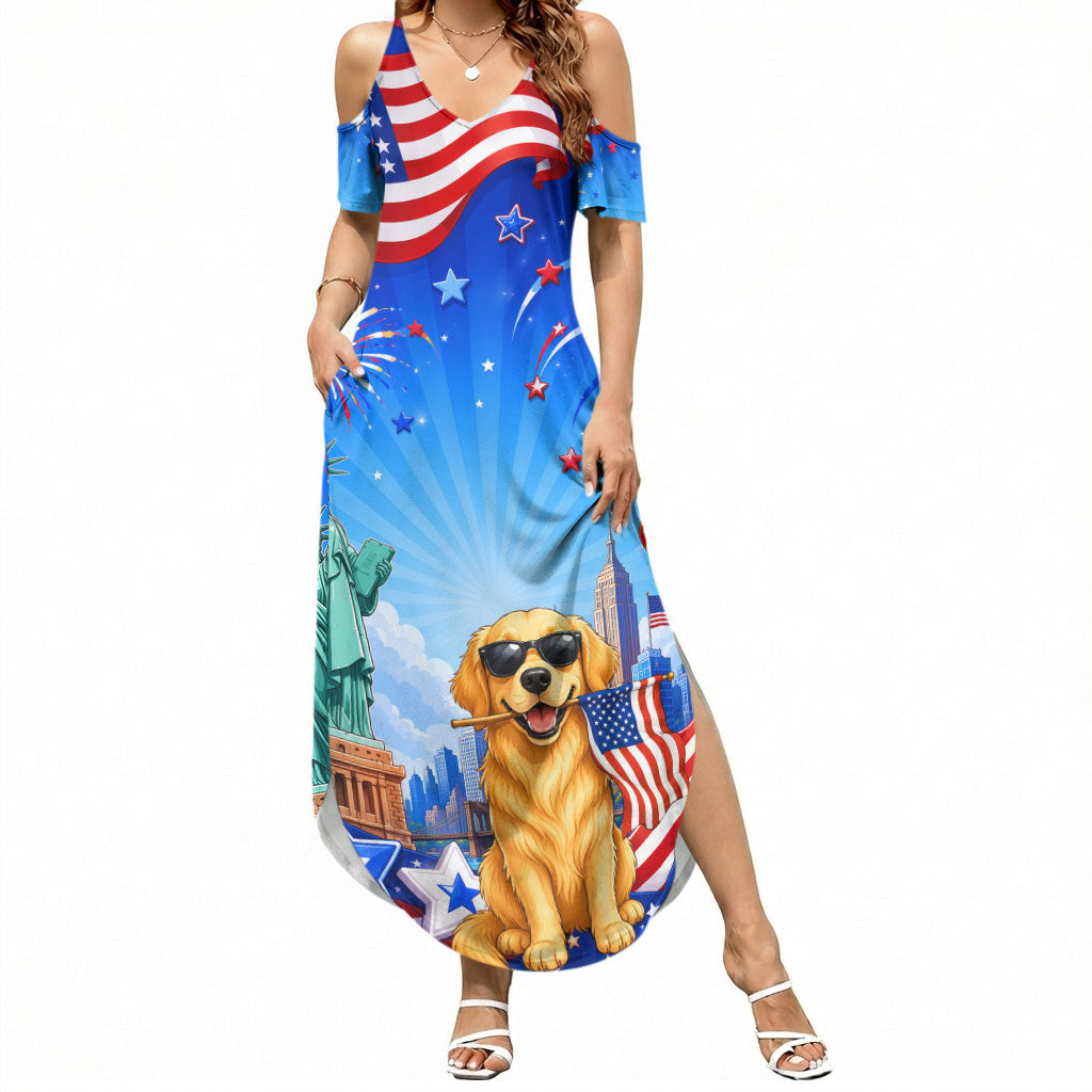 My Dog Is A Democrat Summer Maxi Dress Golden Retriever Patriotic American Flag Graphic