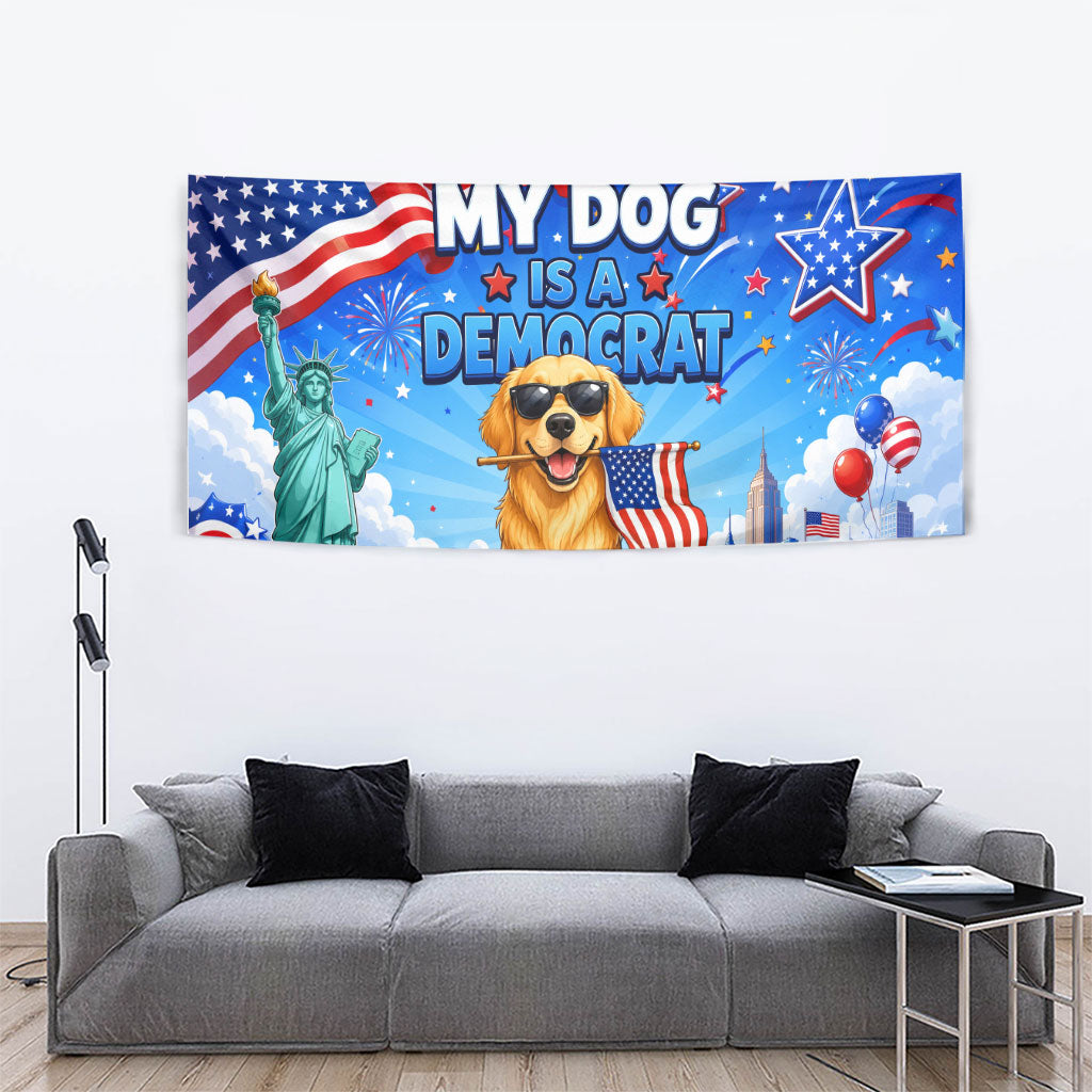 My Dog Is A Democrat Tapestry Golden Retriever Patriotic American Flag Graphic