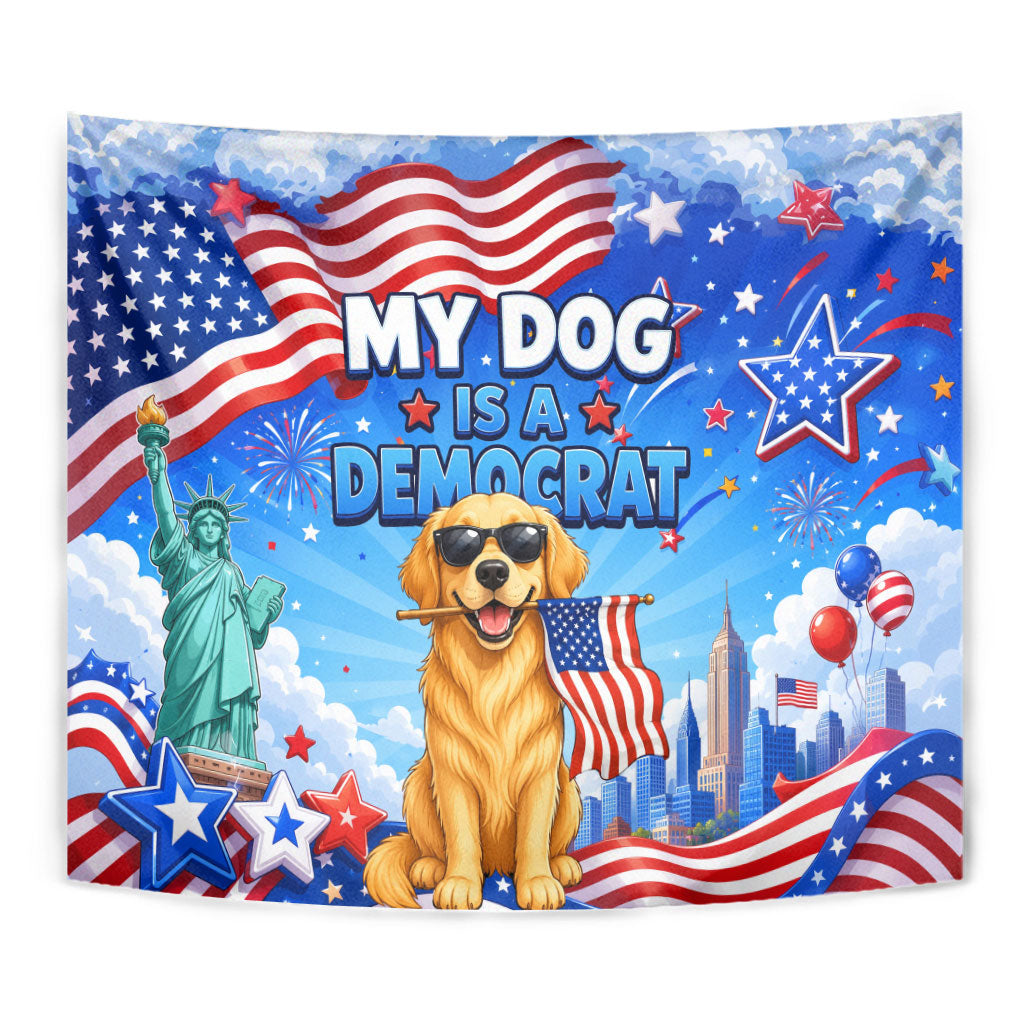 My Dog Is A Democrat Tapestry Golden Retriever Patriotic American Flag Graphic
