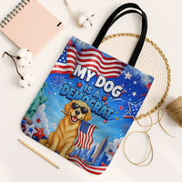 My Dog Is A Democrat Tote Bag Golden Retriever Patriotic American Flag Graphic