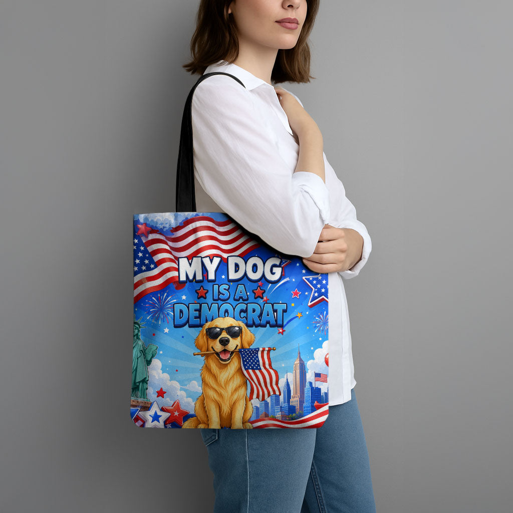 My Dog Is A Democrat Tote Bag Golden Retriever Patriotic American Flag Graphic