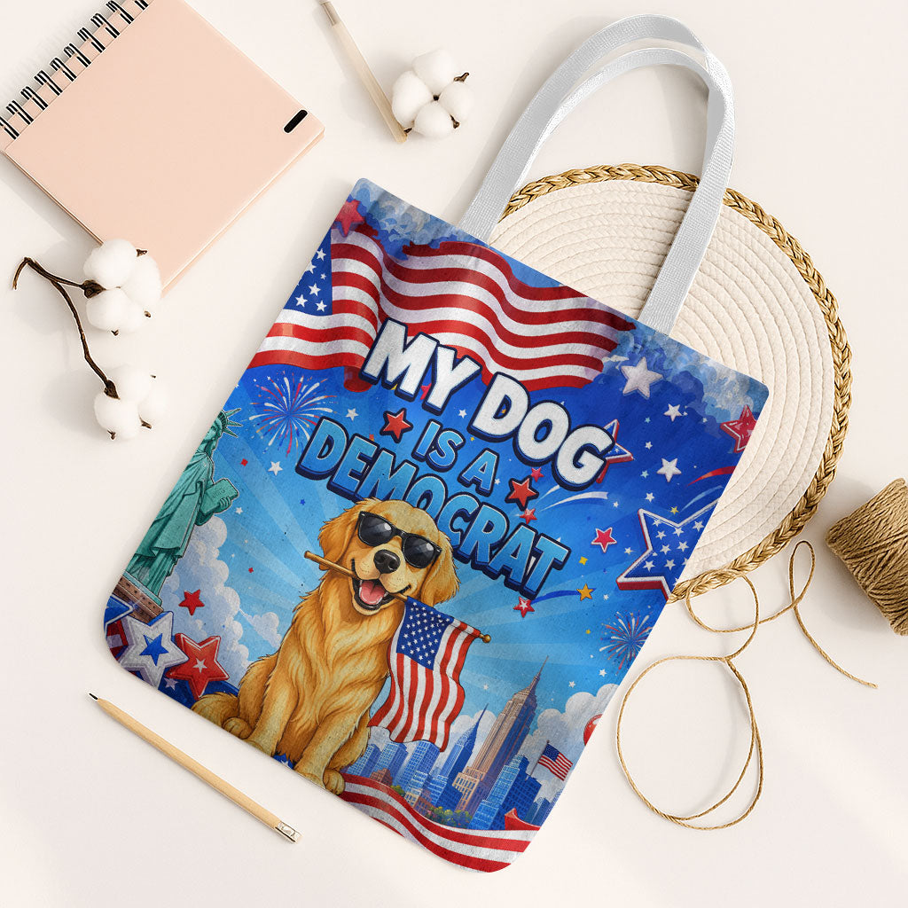 My Dog Is A Democrat Tote Bag Golden Retriever Patriotic American Flag Graphic