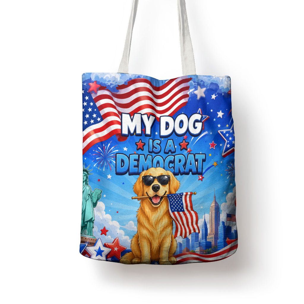 My Dog Is A Democrat Tote Bag Golden Retriever Patriotic American Flag Graphic