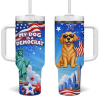 My Dog Is A Democrat Tumbler With Handle Golden Retriever Patriotic American Flag Graphic