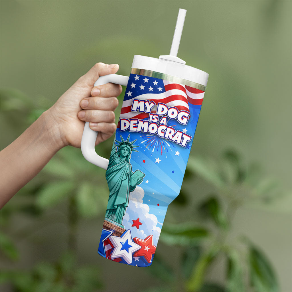 My Dog Is A Democrat Tumbler With Handle Golden Retriever Patriotic American Flag Graphic
