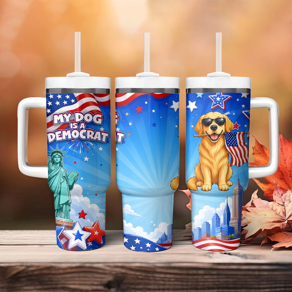 My Dog Is A Democrat Tumbler With Handle Golden Retriever Patriotic American Flag Graphic