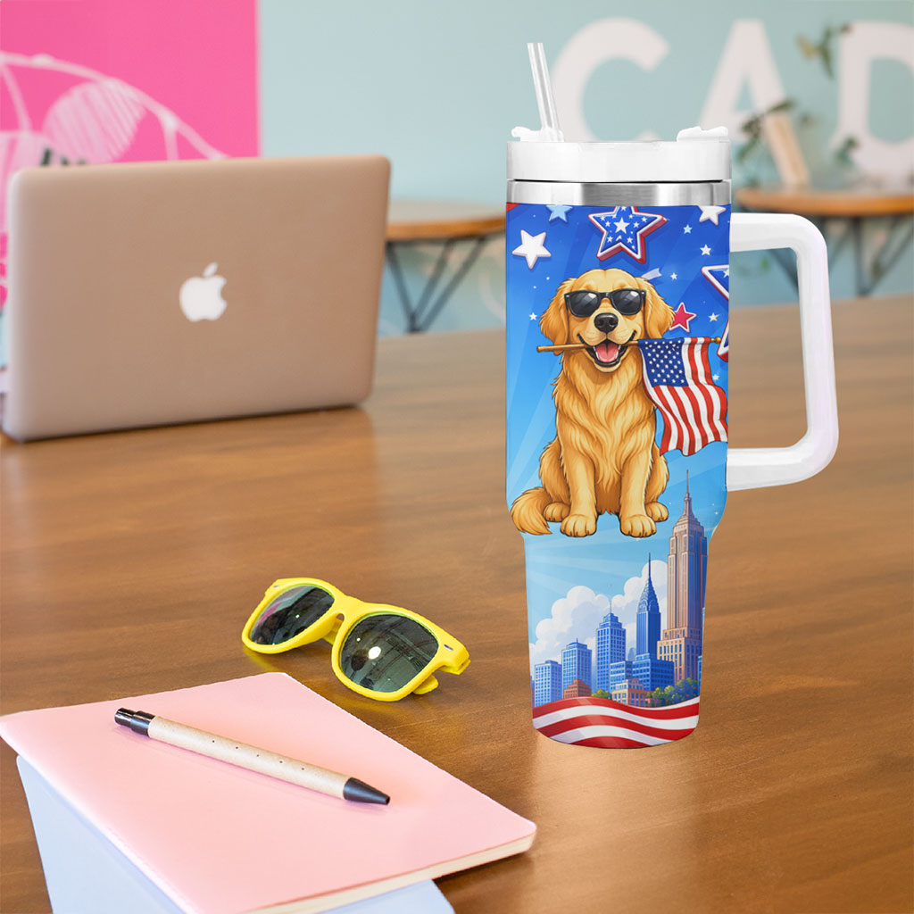 My Dog Is A Democrat Tumbler With Handle Golden Retriever Patriotic American Flag Graphic