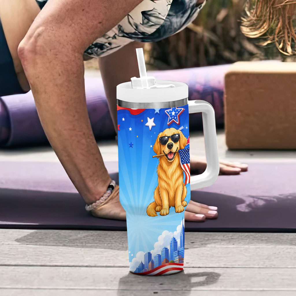 My Dog Is A Democrat Tumbler With Handle Golden Retriever Patriotic American Flag Graphic