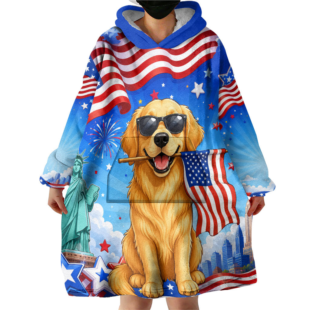 My Dog Is A Democrat Wearable Blanket Hoodie Golden Retriever Patriotic American Flag Graphic