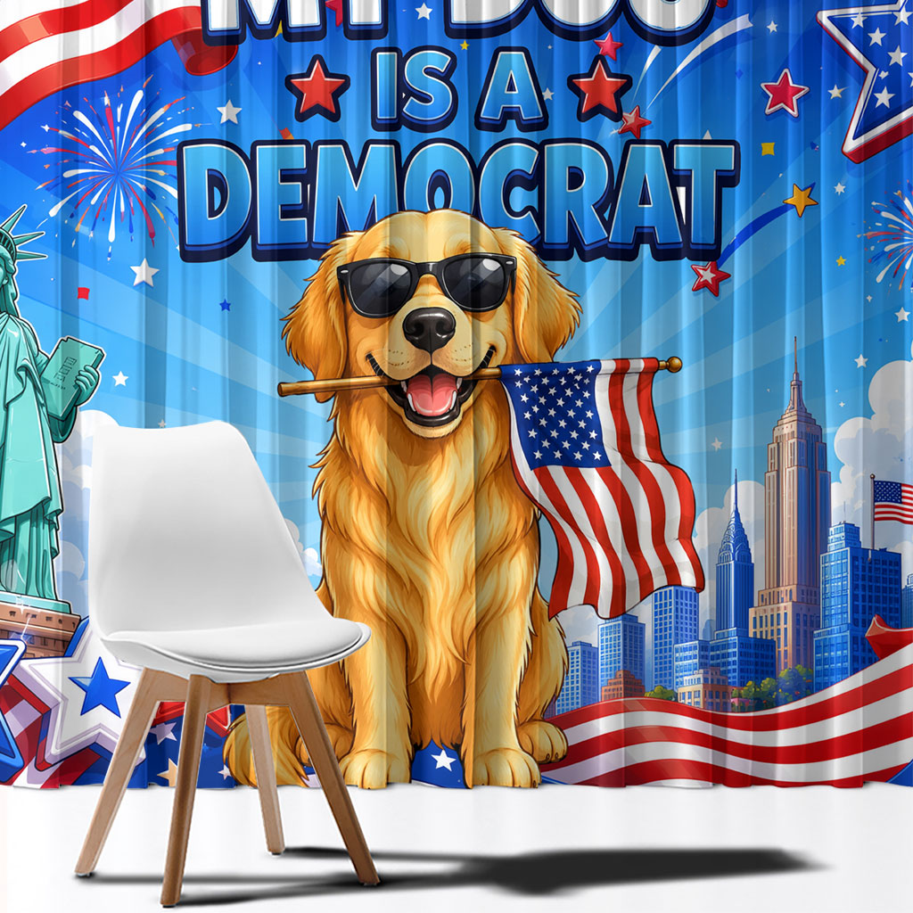 My Dog Is A Democrat Window Curtain Golden Retriever Patriotic American Flag Graphic
