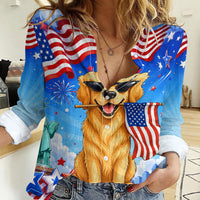 My Dog Is A Democrat Women Casual Shirt Golden Retriever Patriotic American Flag Graphic