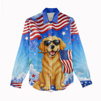 My Dog Is A Democrat Women Casual Shirt Golden Retriever Patriotic American Flag Graphic
