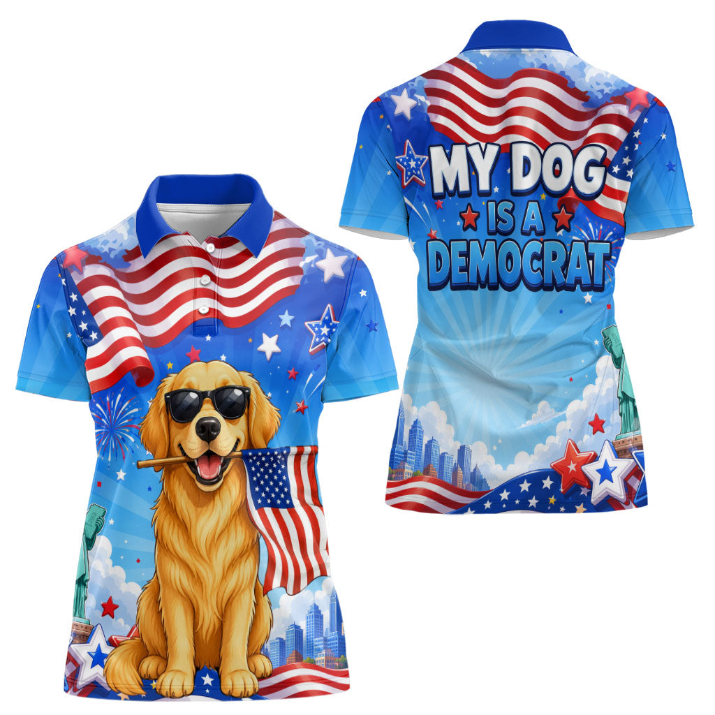 My Dog Is A Democrat Women Polo Shirt Golden Retriever Patriotic American Flag Graphic