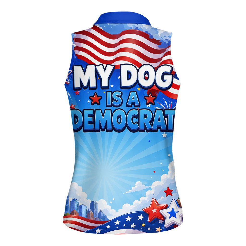 My Dog Is A Democrat Women Sleeveless Polo Shirt Golden Retriever Patriotic American Flag Graphic
