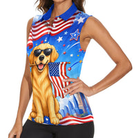My Dog Is A Democrat Women Sleeveless Polo Shirt Golden Retriever Patriotic American Flag Graphic