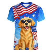 My Dog Is A Democrat Women V-Neck T-Shirt Golden Retriever Patriotic American Flag Graphic