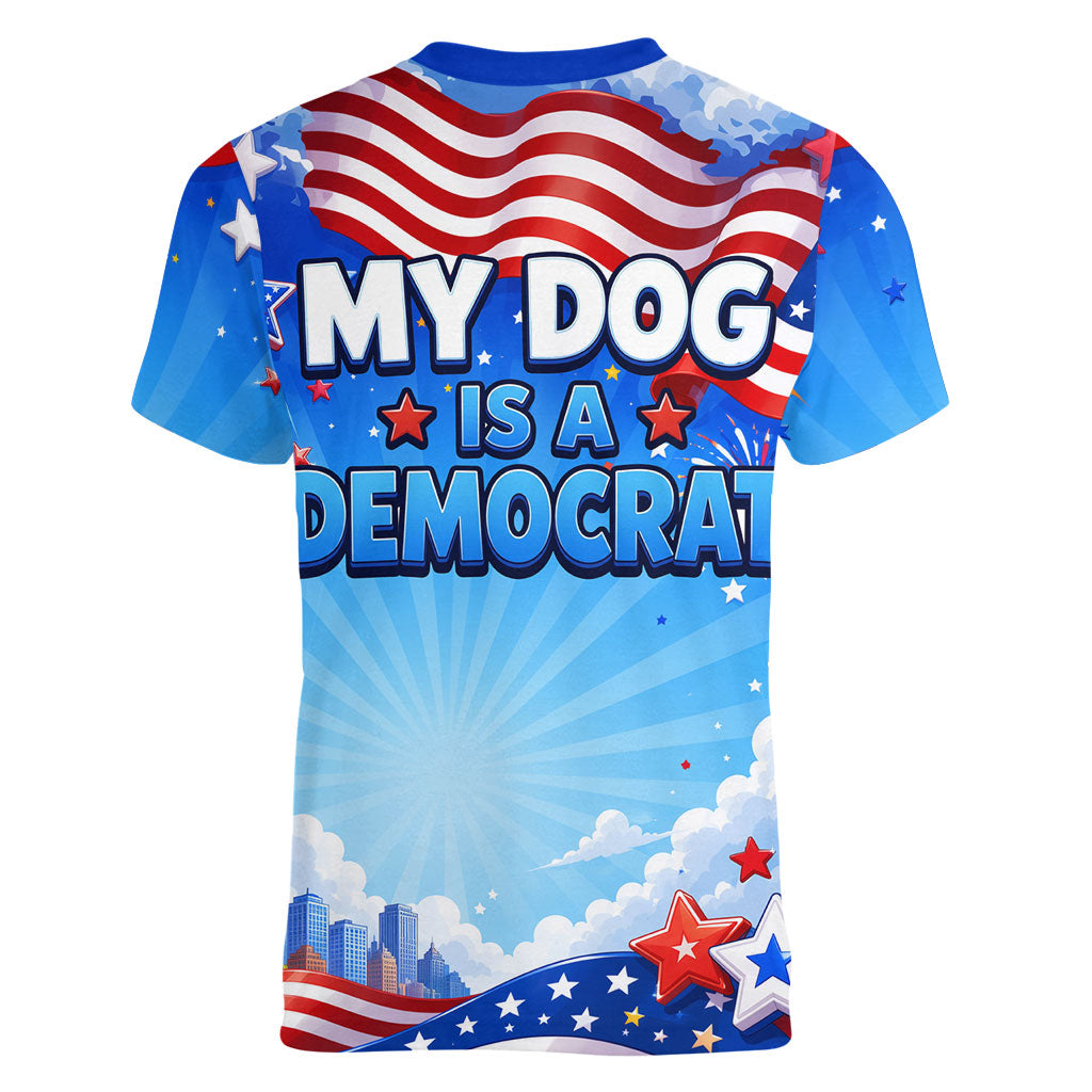 My Dog Is A Democrat Women V-Neck T-Shirt Golden Retriever Patriotic American Flag Graphic