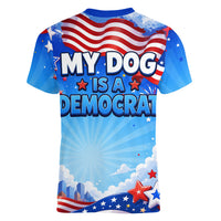My Dog Is A Democrat Women V-Neck T-Shirt Golden Retriever Patriotic American Flag Graphic