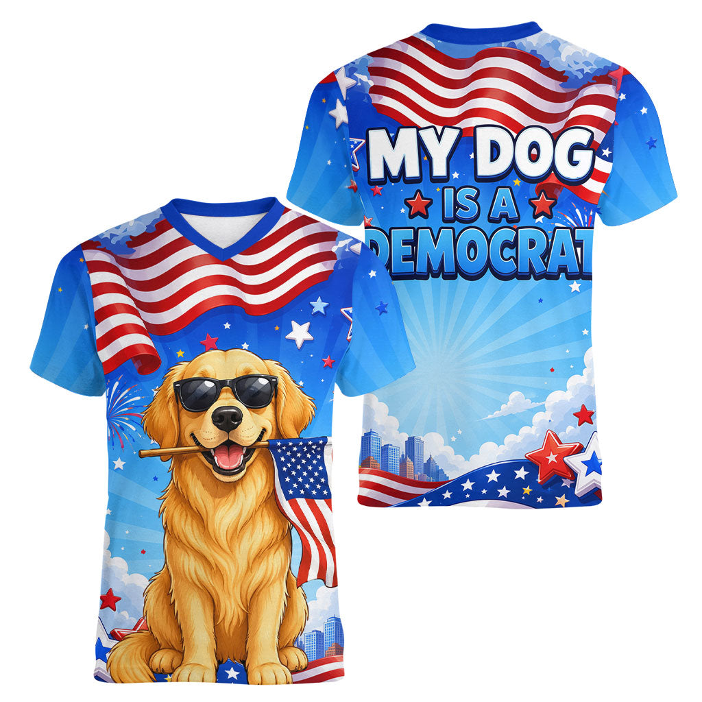 My Dog Is A Democrat Women V-Neck T-Shirt Golden Retriever Patriotic American Flag Graphic