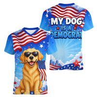 My Dog Is A Democrat Women V-Neck T-Shirt Golden Retriever Patriotic American Flag Graphic