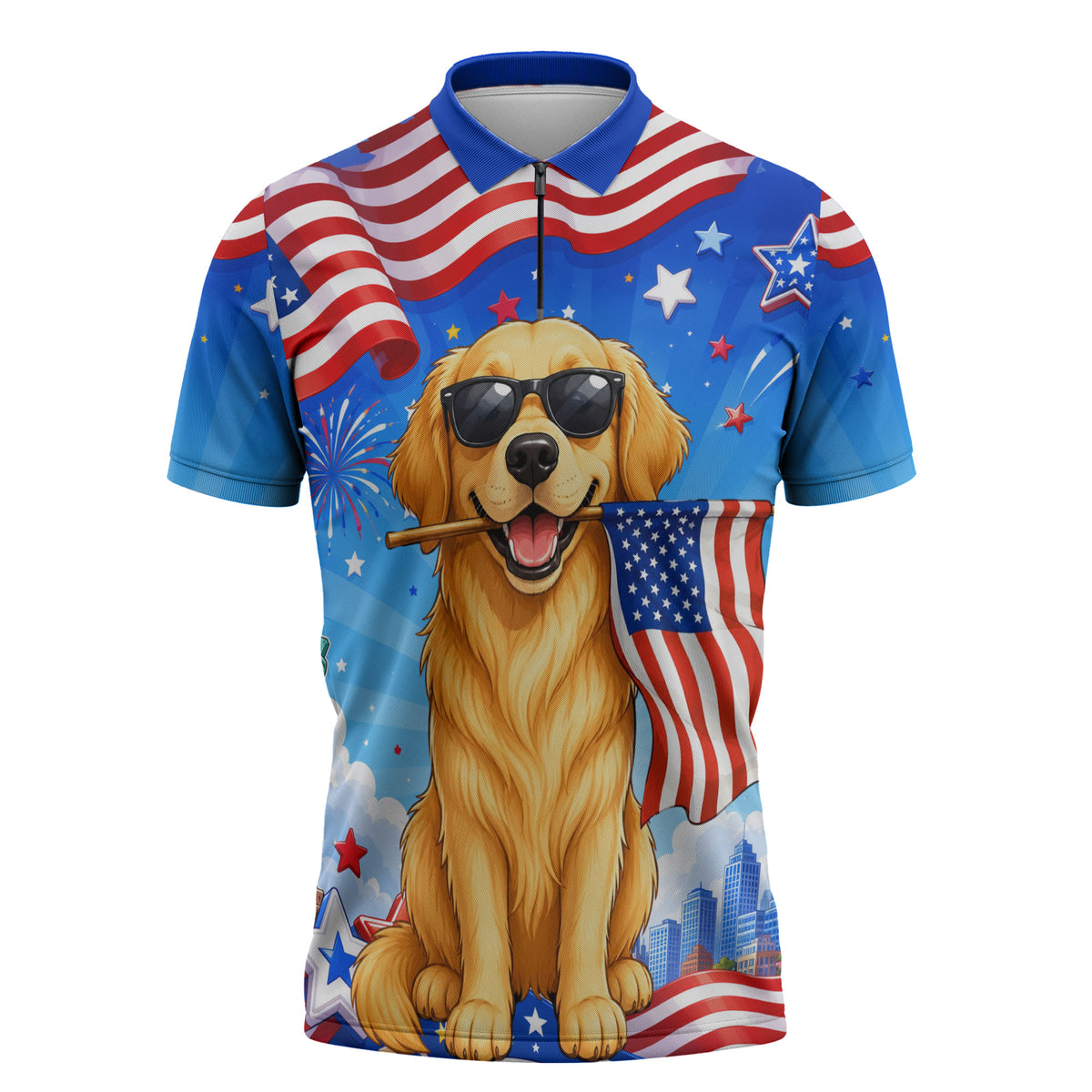 My Dog Is A Democrat Zipper Polo Shirt Golden Retriever Patriotic American Flag Graphic