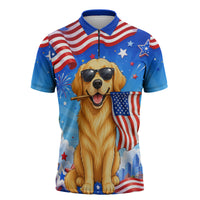 My Dog Is A Democrat Zipper Polo Shirt Golden Retriever Patriotic American Flag Graphic