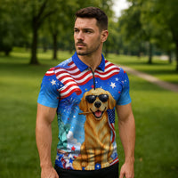My Dog Is A Democrat Zipper Polo Shirt Golden Retriever Patriotic American Flag Graphic