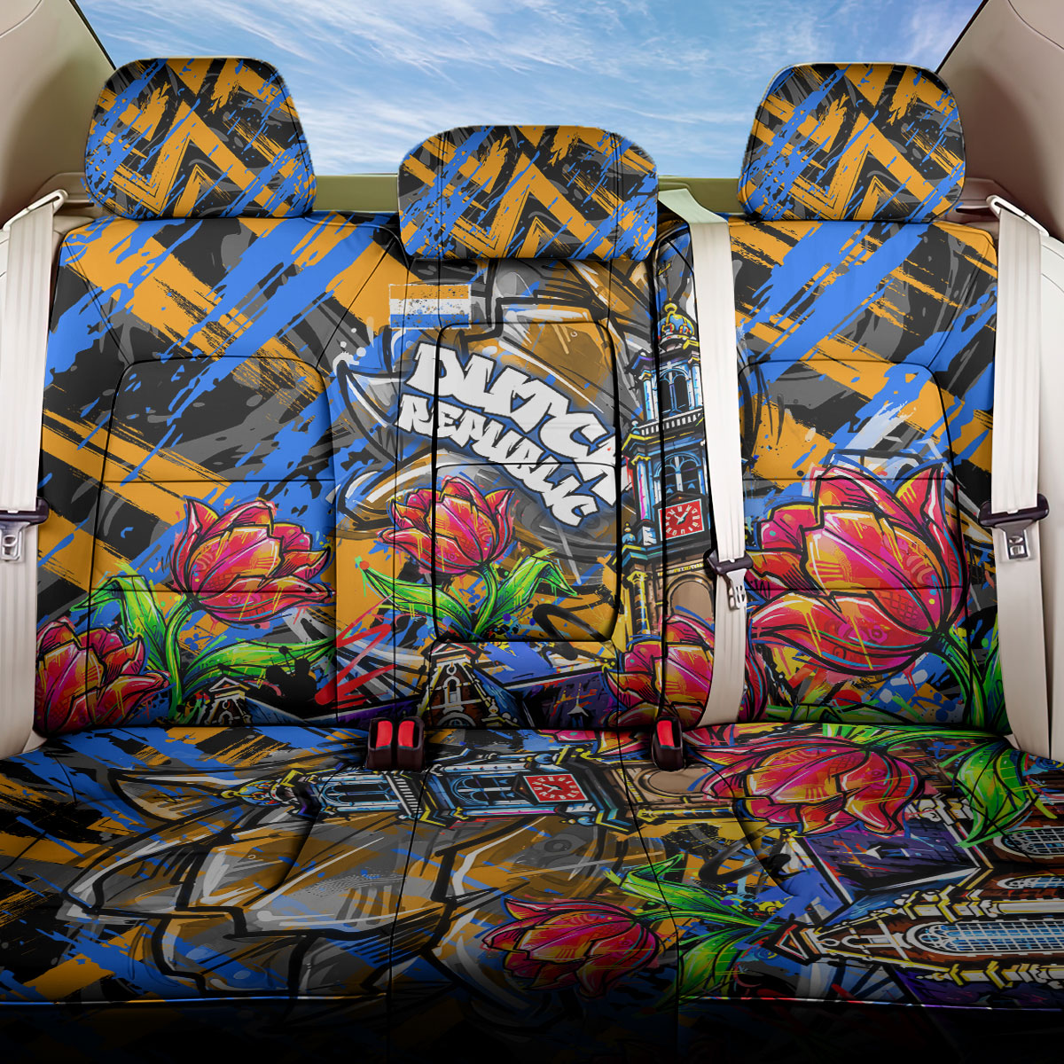 Amsterdam Dutch Republic Netherlands Back Car Seat Cover Urban Graffiti Patriotic Landmark Tulips