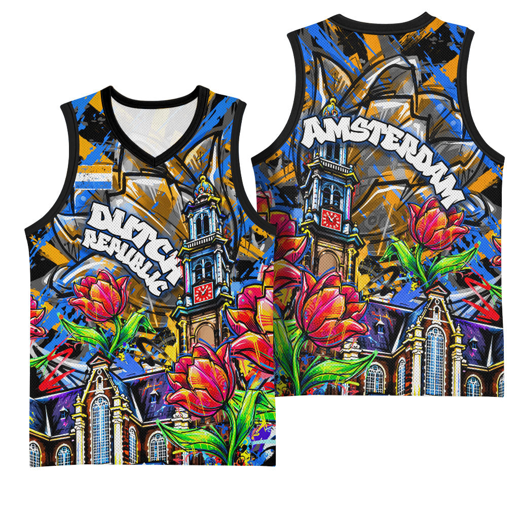 Amsterdam Dutch Republic Netherlands Basketball Jersey Urban Graffiti Patriotic Landmark Tulips