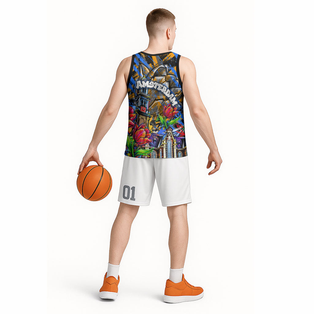 Amsterdam Dutch Republic Netherlands Basketball Jersey Urban Graffiti Patriotic Landmark Tulips