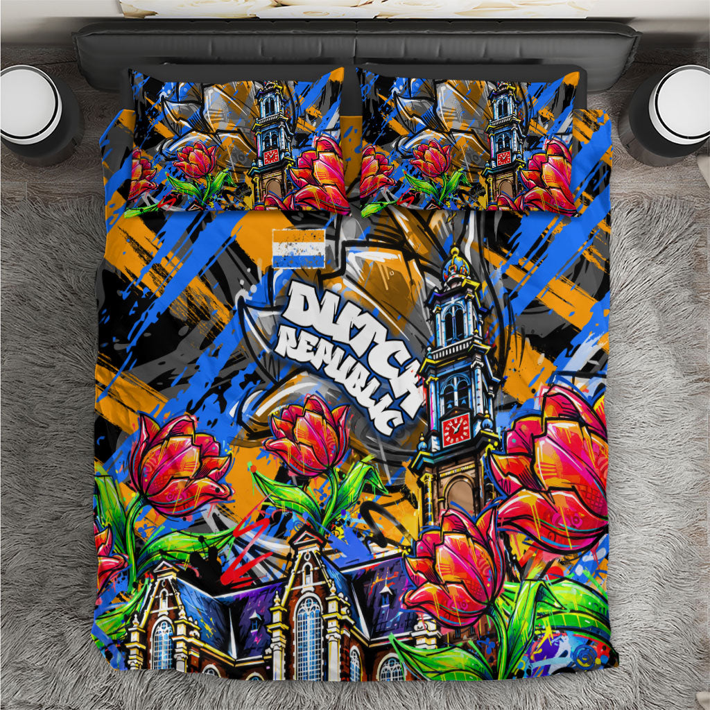 Amsterdam Dutch Republic Netherlands Bedding Set Urban Graffiti Patriotic Landmark Tulips