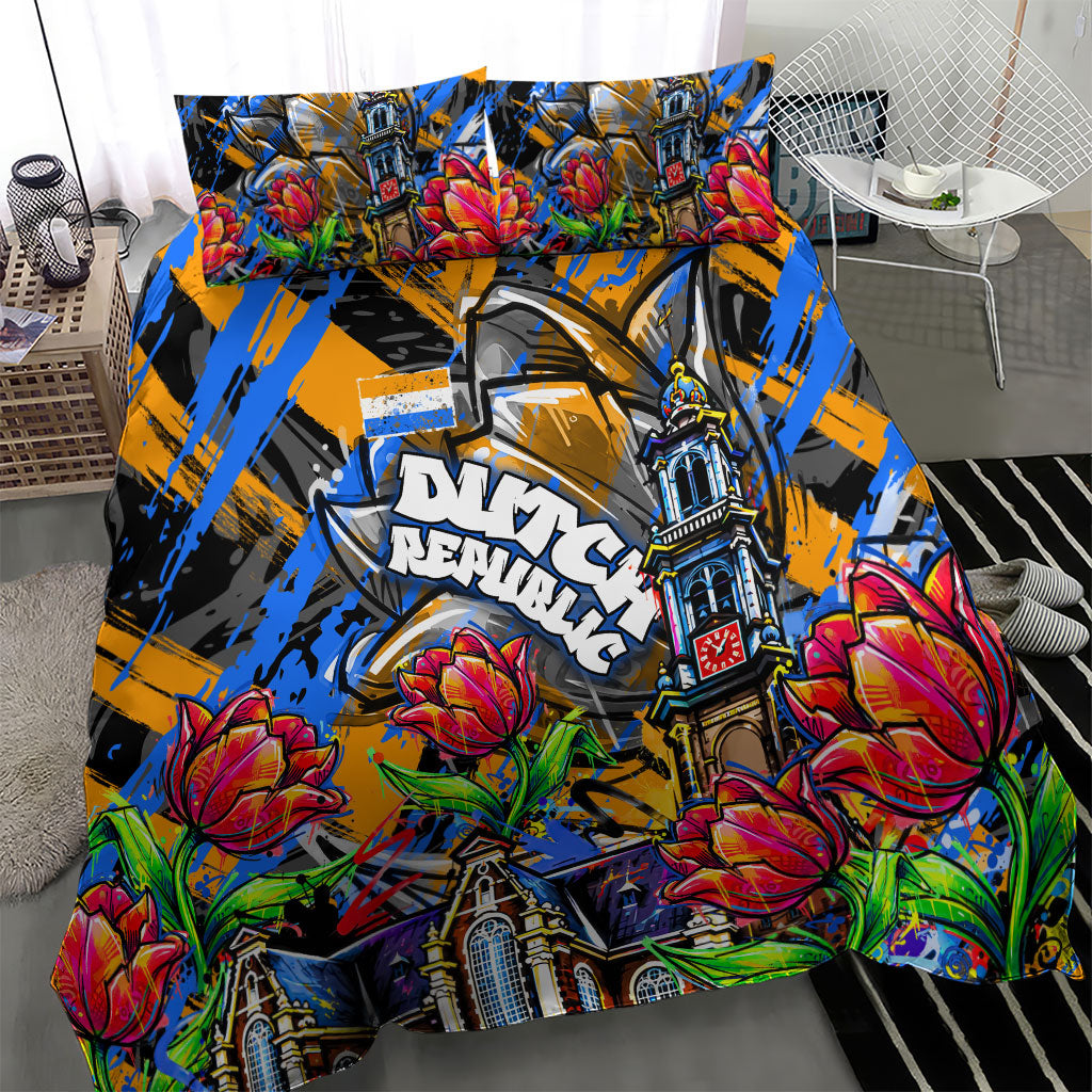 Amsterdam Dutch Republic Netherlands Bedding Set Urban Graffiti Patriotic Landmark Tulips