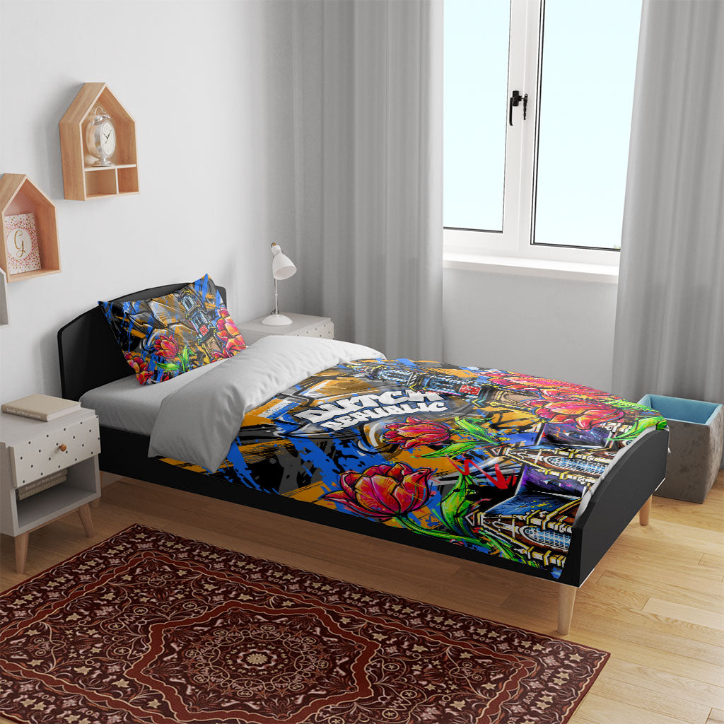 Amsterdam Dutch Republic Netherlands Bedding Set Urban Graffiti Patriotic Landmark Tulips