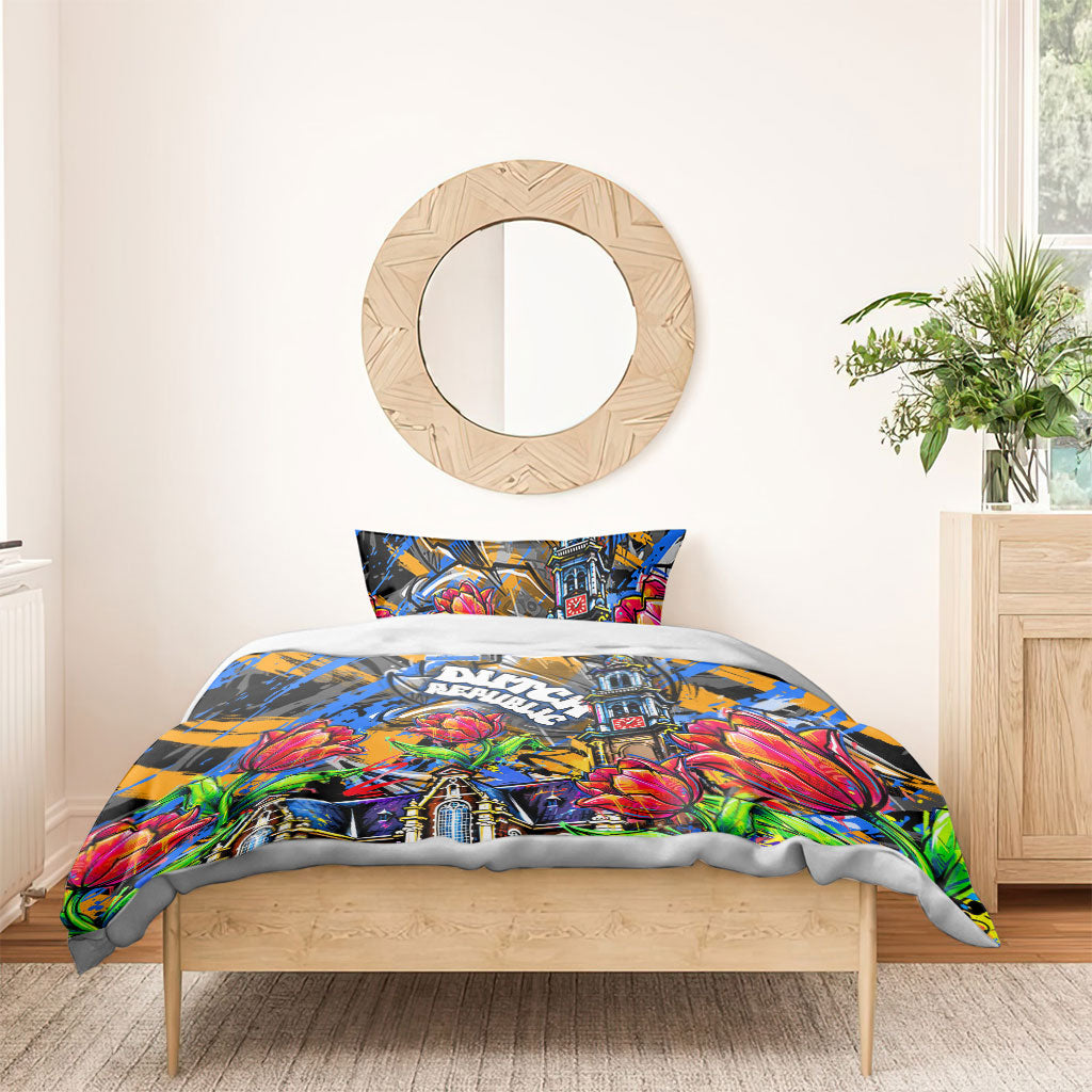 Amsterdam Dutch Republic Netherlands Bedding Set Urban Graffiti Patriotic Landmark Tulips