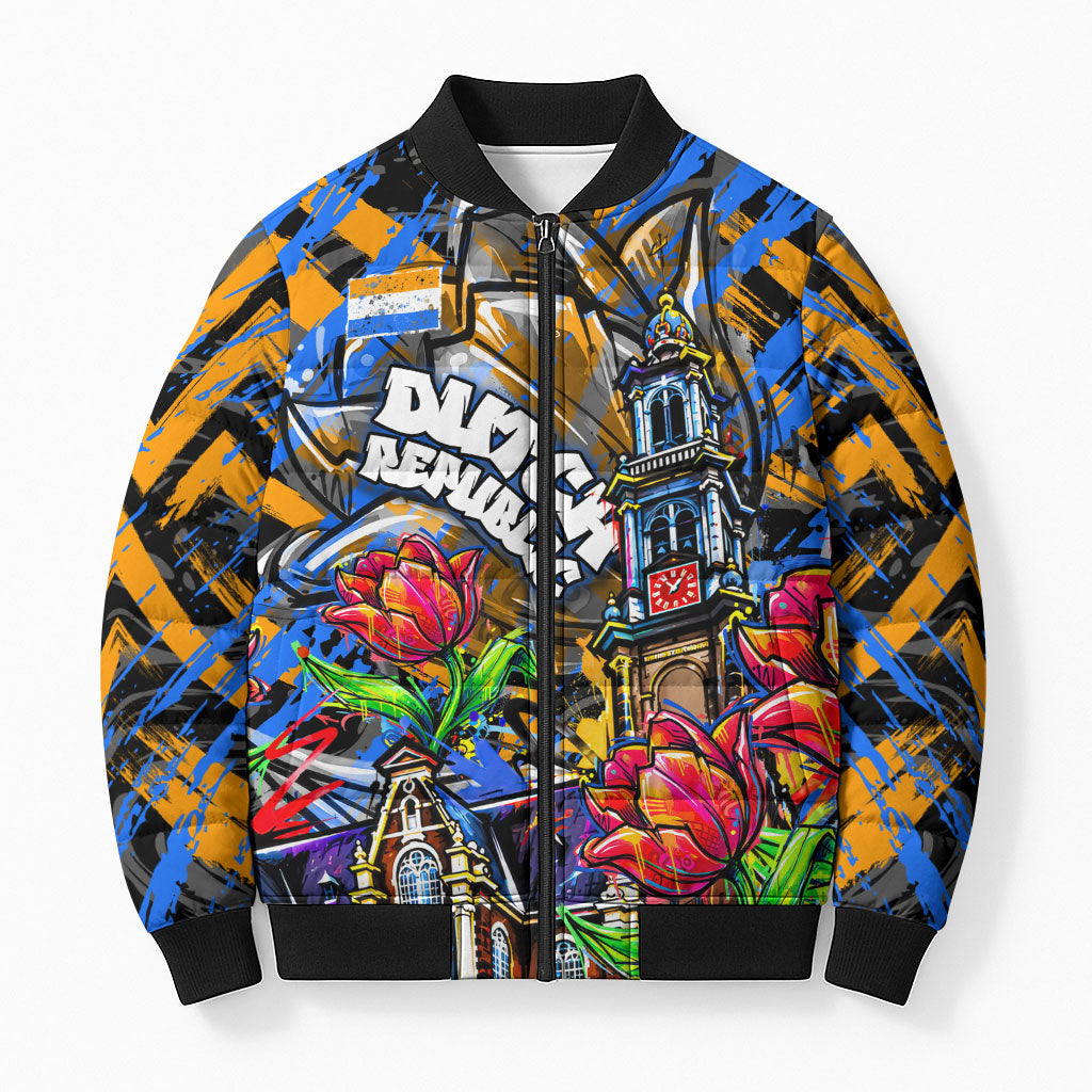 Amsterdam Dutch Republic Netherlands Bomber Puffer Jacket Urban Graffiti Patriotic Landmark Tulips