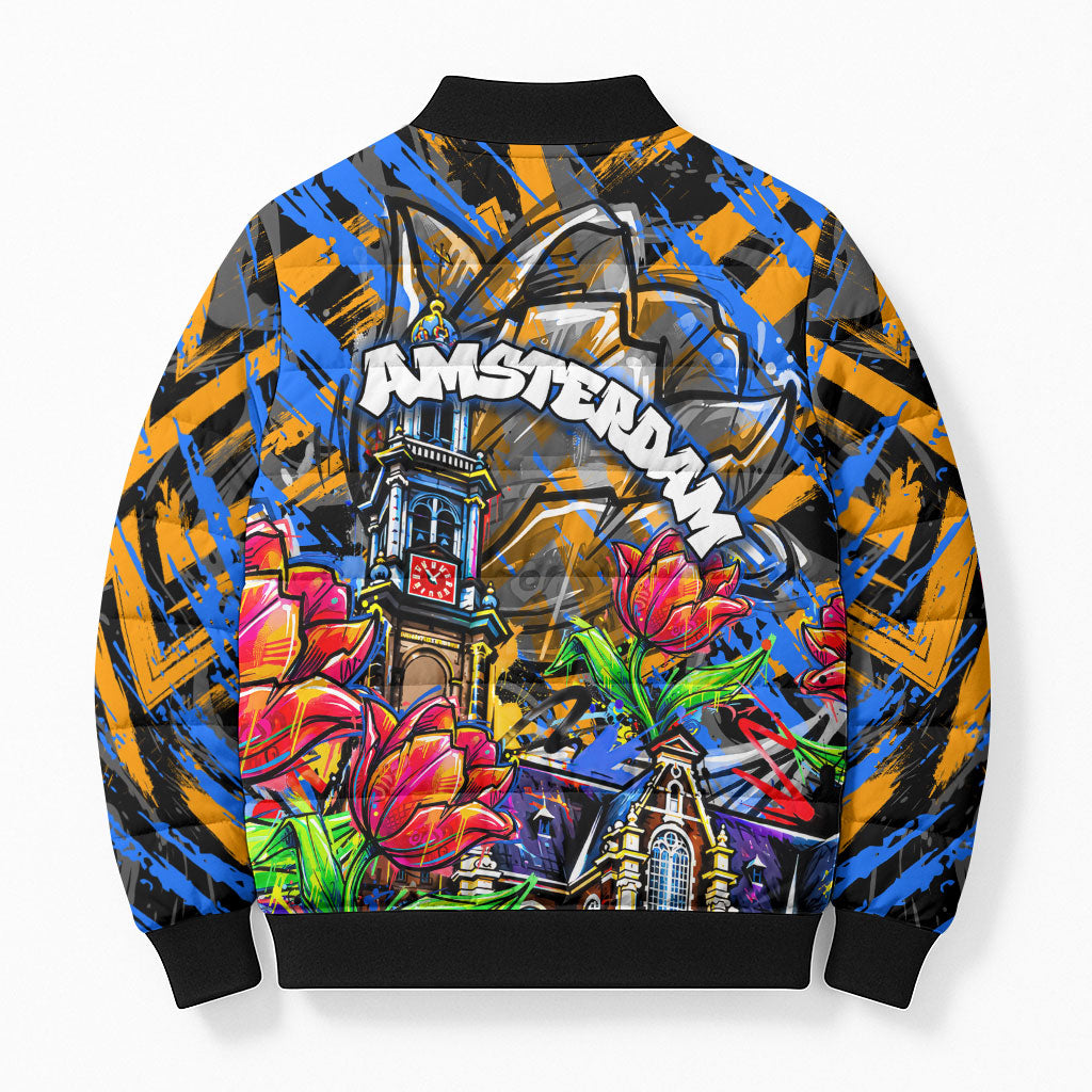 Amsterdam Dutch Republic Netherlands Bomber Puffer Jacket Urban Graffiti Patriotic Landmark Tulips