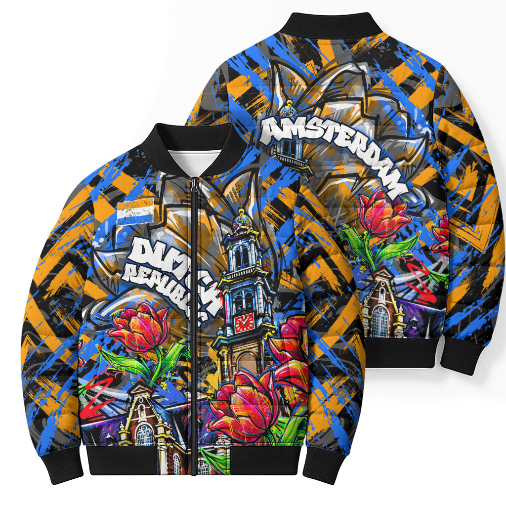 Amsterdam Dutch Republic Netherlands Bomber Puffer Jacket Urban Graffiti Patriotic Landmark Tulips