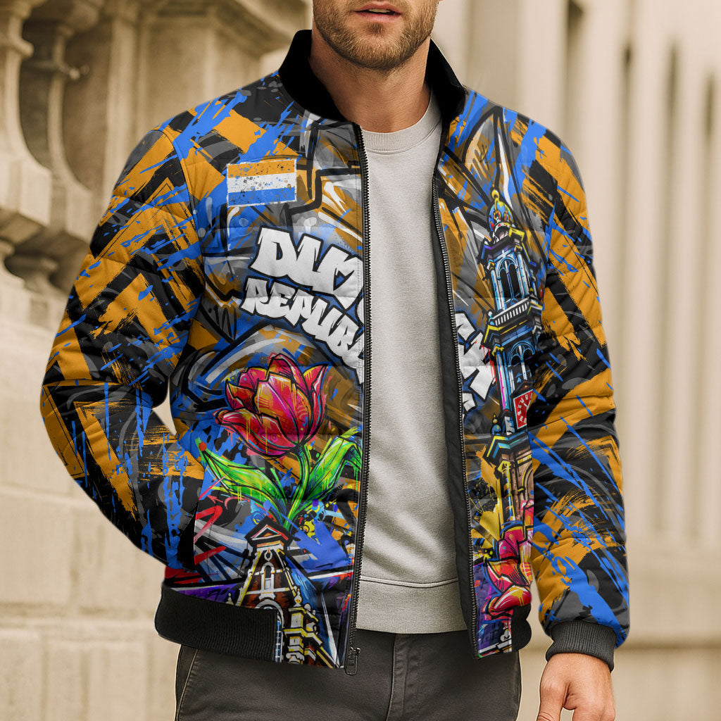 Amsterdam Dutch Republic Netherlands Bomber Puffer Jacket Urban Graffiti Patriotic Landmark Tulips