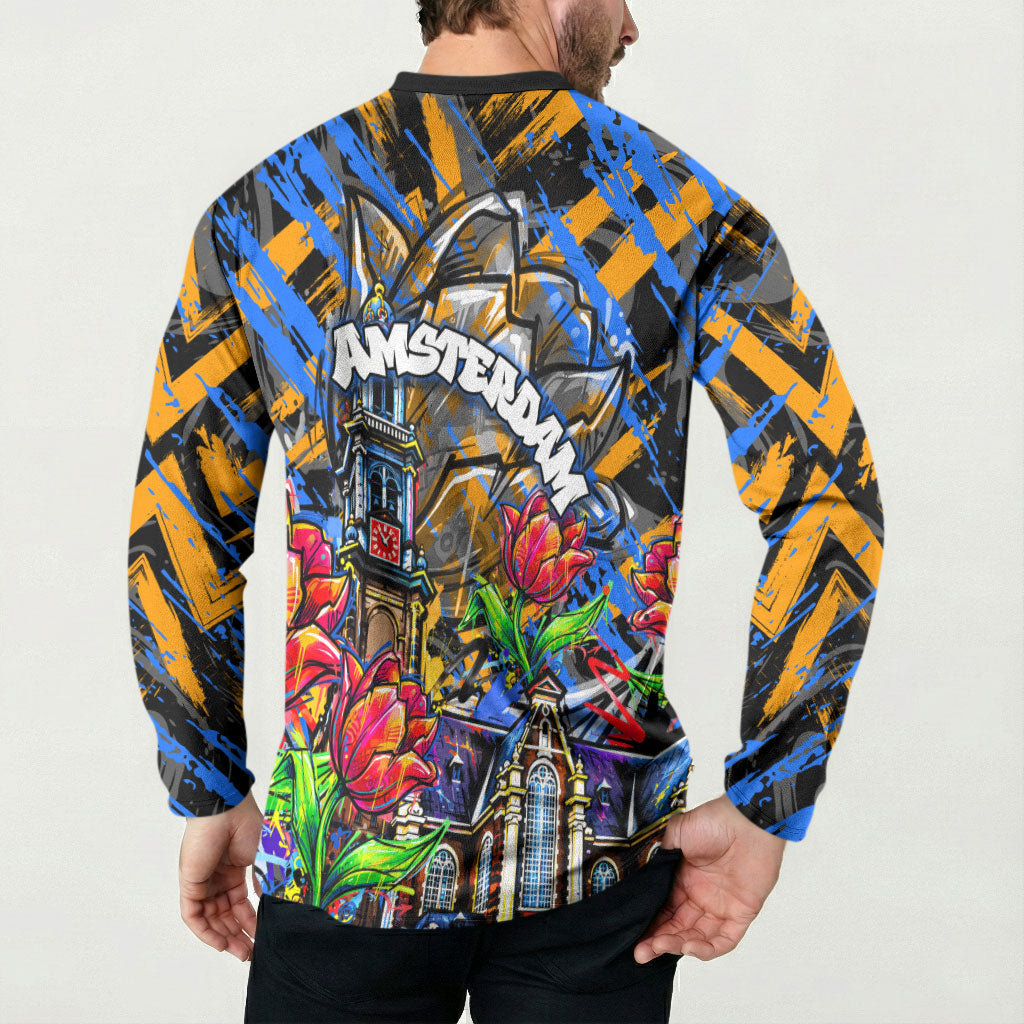 Amsterdam Dutch Republic Netherlands Button Sweatshirt Urban Graffiti Patriotic Landmark Tulips