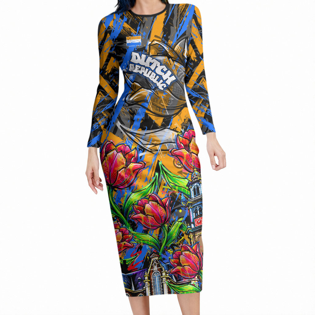 Amsterdam Dutch Republic Netherlands Long Sleeve Bodycon Dress Urban Graffiti Patriotic Landmark Tulips