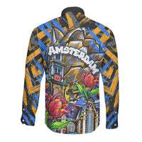 Amsterdam Dutch Republic Netherlands Long Sleeve Button Shirt Urban Graffiti Patriotic Landmark Tulips