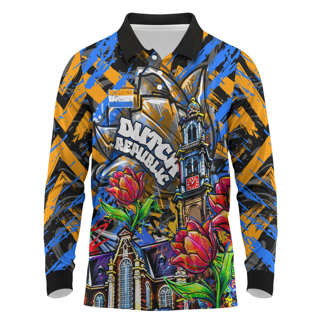 Amsterdam Dutch Republic Netherlands Long Sleeve Polo Shirt Urban Graffiti Patriotic Landmark Tulips